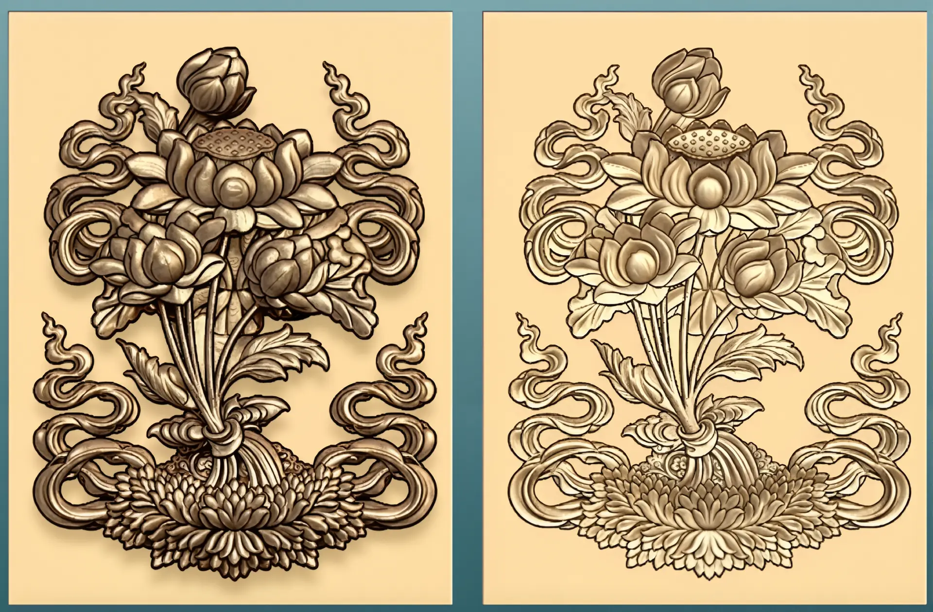 深浮雕花纹对比